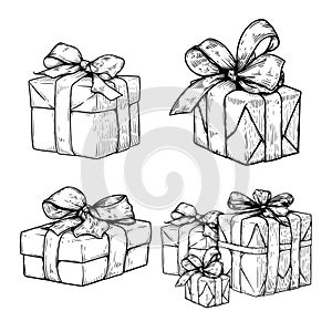 Gift boxes set. Hand drawn sketch style illustration. Best for Christmas, birthday designs.