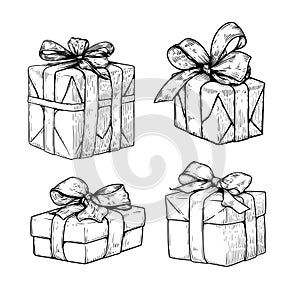 Gift boxes set. Hand drawn sketch style illustration. Best for Christmas, birthday designs.