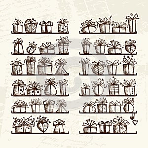 Gift boxes on shelves, sketch drawing for your