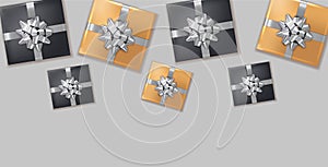 Gift boxes silver bow Vector realistic. Dark background confeti sparkle. Product placement mock up. Design packaging 3d photo