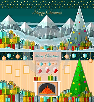 Gift-boxes on snow with winter mountains trees background and gift-boxes near fireplace two new year backgrounds cards