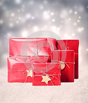 Gift boxes in snowing night