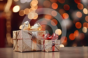 gift boxes on a table with a christmas tree in the background reklamnÃÂ­ fotografie photo
