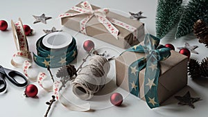 Gift boxes tied with beautiful ribbons with pattern stars with bow.Rolls wrapping paper,ribbons,rope,scissors,cones,red balls
