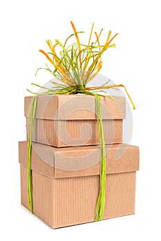 Gift boxes tied with natural raffia of different colors