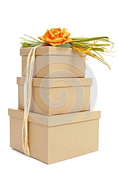 gift boxes tied with natural raffia of different colors and topped with a flower