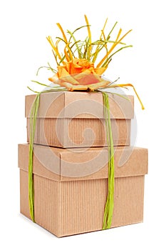 gift boxes tied with natural raffia of different colors and topped with a flower