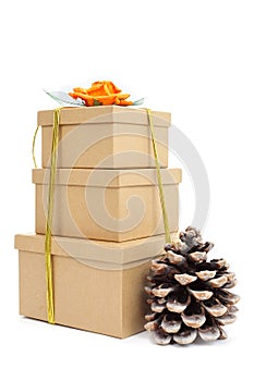 gift boxes tied with natural raffia of different colors and topped with a flower