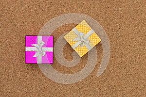 Gift boxes top view on wooden background