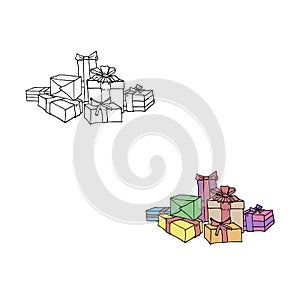 Gift boxes vector illustration in color and outline sketch style
