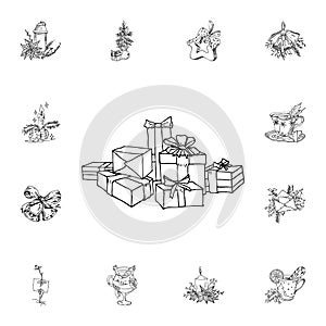 Gift boxes vector illustration in color and outline sketch style on white background