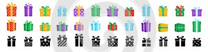 Gift boxes vector set. Flat and silhouette icons