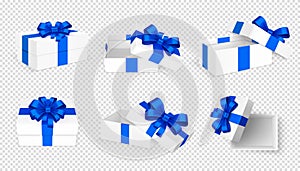 Gift boxes. White open present empty box with blue bow and ribbons. Christmas Birthday Valentine day vector template