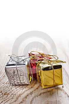 Gift boxes on wooden background