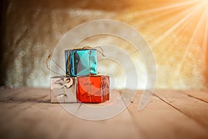 Gift boxes on wooden background