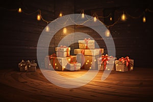 Gift boxes on wooden background. New Year and Christmas illustration. Holiday banner, web poster, flyer, stylish brochure,