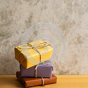 Gift boxes on wooden table