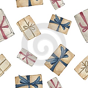 Gift boxes wrapped in red, brown and blue ribbons on the white background.
