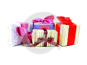 Gift boxs pressent with ribbon decorations on white background