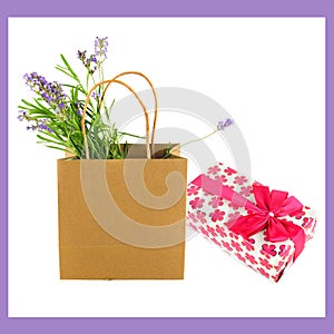 Gift in bright packaging and paper bag with flowers isolated on a white