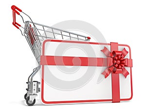 Gift card with blank space for text and shopping cart. 3D