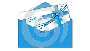 Gift card with blue ribbon bow in blue envelope isolated on white background with shadow minimal concept