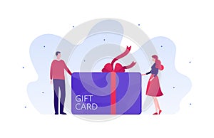 Gift card for business shopping sale and romantic relatioship concept. Vector flat person illustration. Couple of male and female