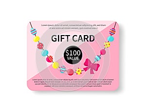 Gift card with colorful beads on white background. Accessorize gift voucher. Coupon design template. Shopping