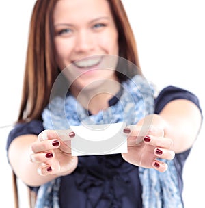 Gift card. Excited woman showing empty blank paper card sign