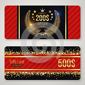 Gift card with gold laurel wreath and confetti