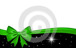 Gift card with green ribbon bow, isolated on white background. Decoration stars design for Christmas holiday celebration