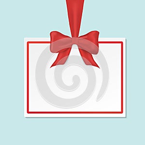 Gift card hanging on ribbon with bow. Red realistic ribbon with paper sticker for sale. Template hanging tag for present,