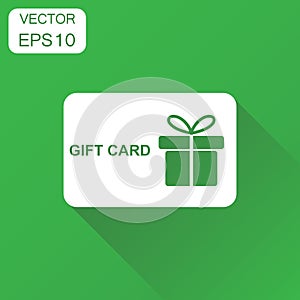 Gift card icon. Business concept discount pictogram. Vector illustration on green background with long shadow.