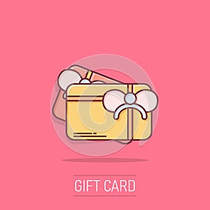 Gift card icon in comic style. Discount coupon cartoon vector illustration on isolated background. Bonus certificate splash effect