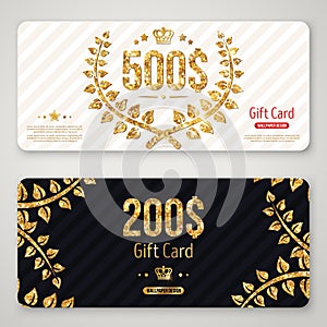 Gift card layout template with gold laurel wreath