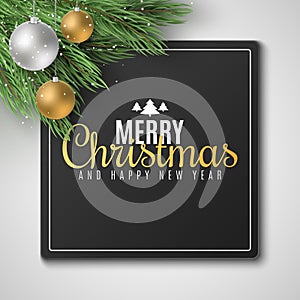 Gift card for Merry Christmas and Happy New Year 2020. Fir tree with festive balls. Falling snow. Vector illustration