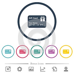 Gift card with name and numbers flat color icons in round outlines