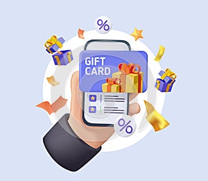 Gift card online promotion. 3D Voucher, discount coupon and gift certificate render. Online shopping special offer.