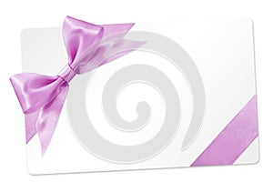 Gift card with pink ribbon bow Isolated on white