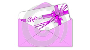 Gift card with pink ribbon bow in pink envelope isolated on white background with shadow minimal concept