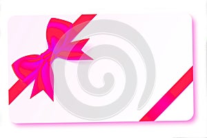 A gift card with a red bow on a white background.