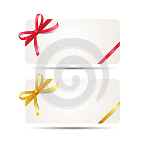 Gift card with red and golden ribbon and a bow on white background. Voucher template for design invitation and credit or discount