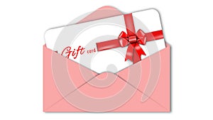 Gift card with red ribbon bow in pink envelope isolated on white background with shadow minimal concept