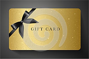 Gift card with twinkling stars, sparkling elements and back bow ribbon on gold background