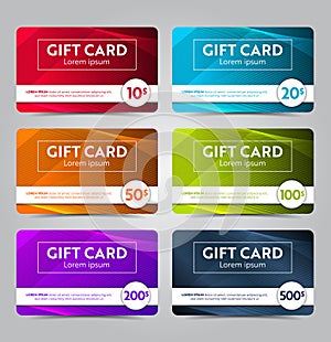 gift cards of different values multicolored template set
