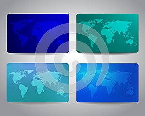 Gift cards or discount cards or credit cards set with world map on blue background