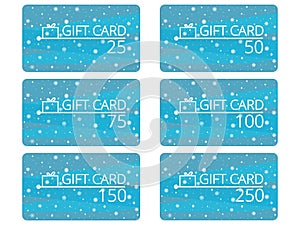 Gift cards with snowflakes and gift box. Discount card in winter style. Vector