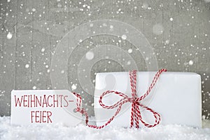 Gift, Cement Background With Snowflakes, Weihnachtsfeier Means Christmas Party