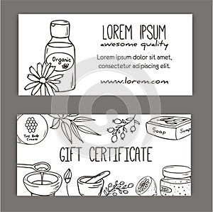 Gift certificate with cosmetic bottles. Organic cosmetics illustration.
