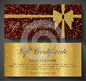 Gift Certificate, Golden ticket, Gift Voucher with sparkle starry glitter background and Gold bow ribbon